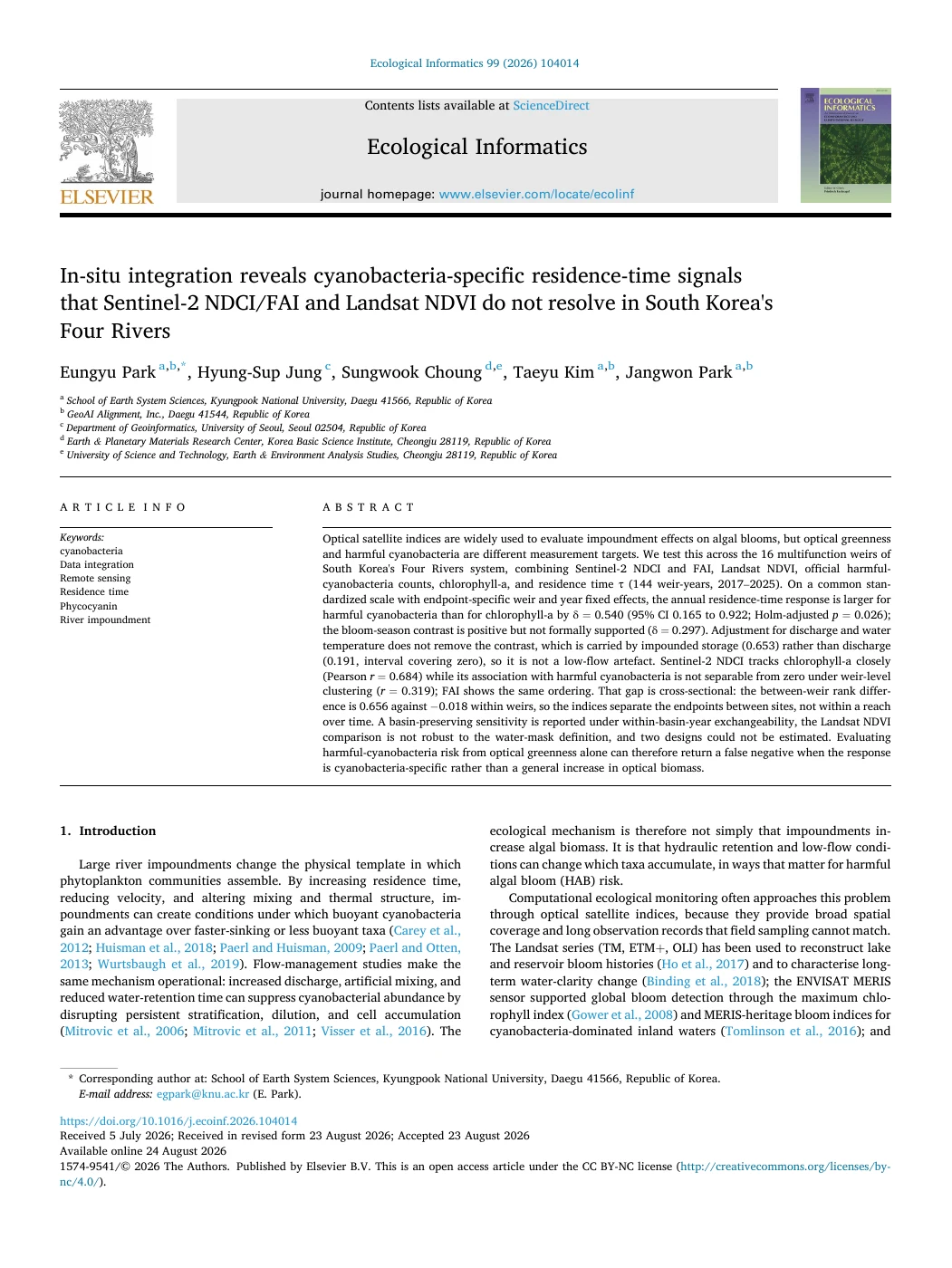 First page of the Four Rivers study in Ecological Informatics
