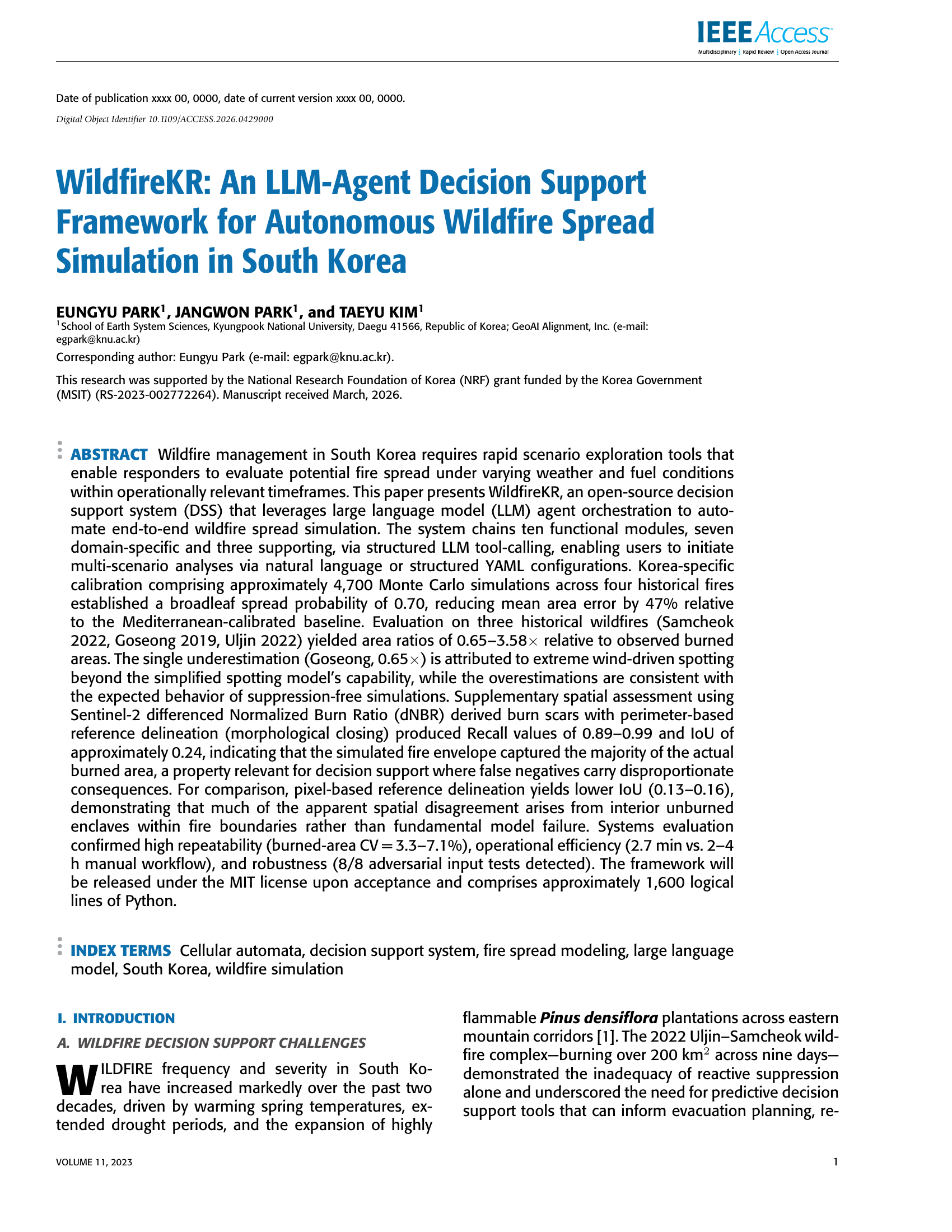 WildfireKR: An LLM-Agent Decision Support Framework for Autonomous Wildfire Spread Simulation in South Korea