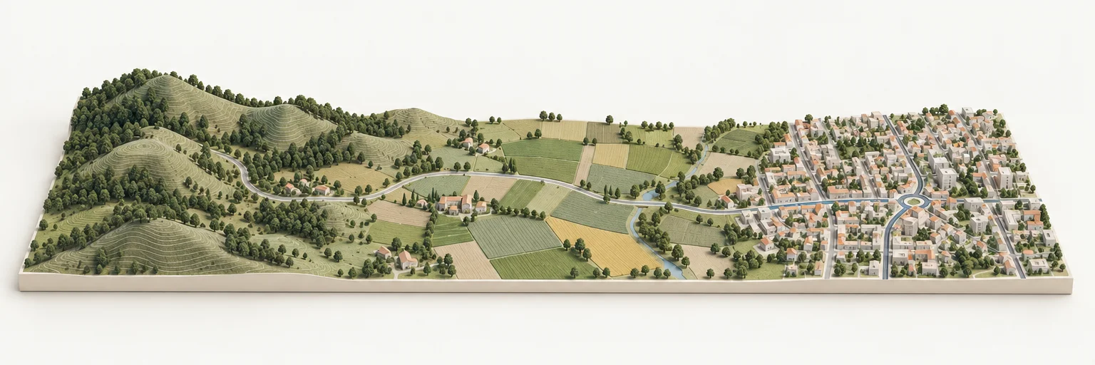 산지와 농경지, 도시가 하나로 이어진 지역을 길게 표현한 지형 모형 개념도