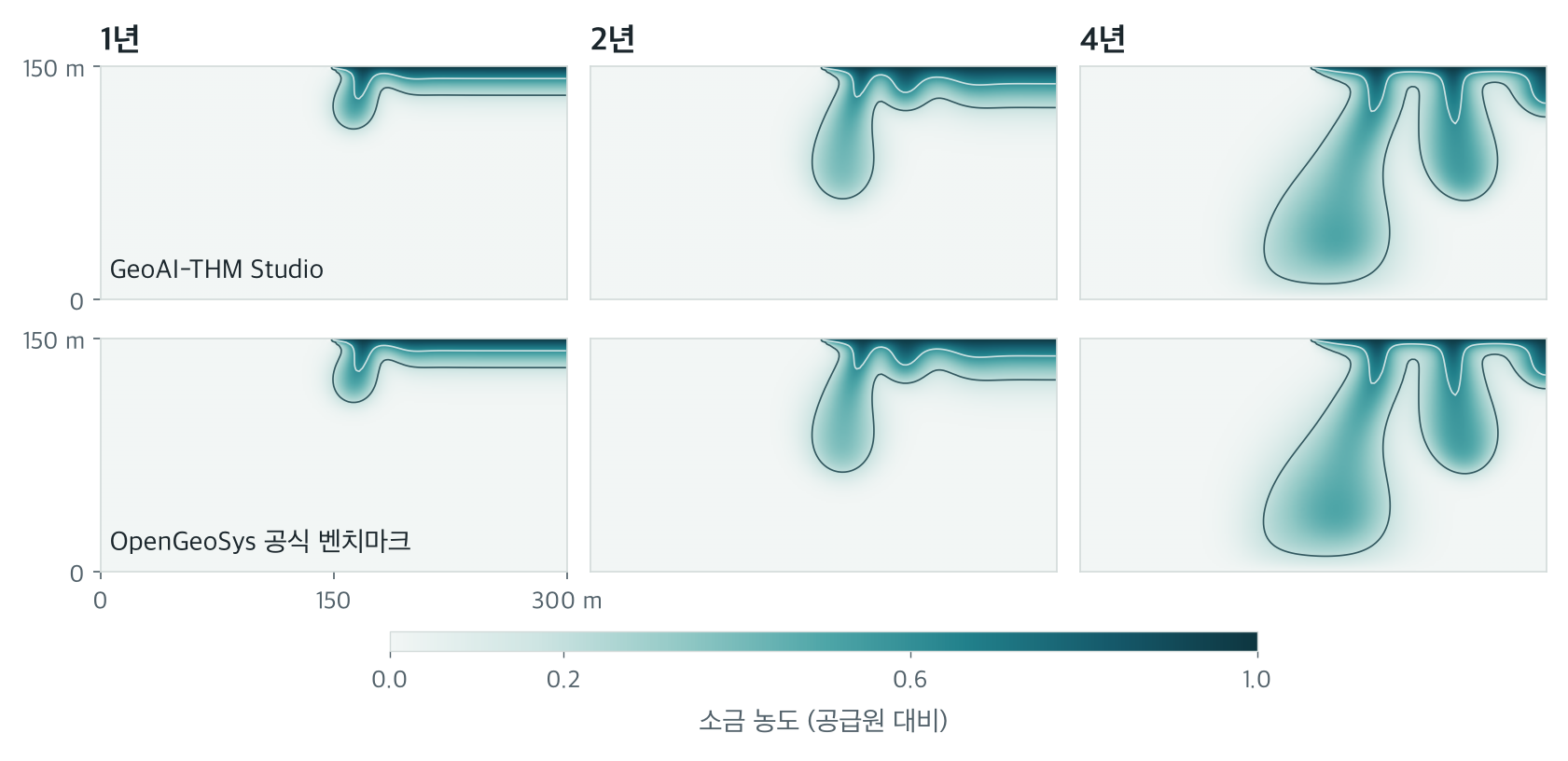 Elder 문제의 소금 농도, 1·2·4년. 위는 GeoAI-THM Studio, 아래는 OpenGeoSys 공식 벤치마크